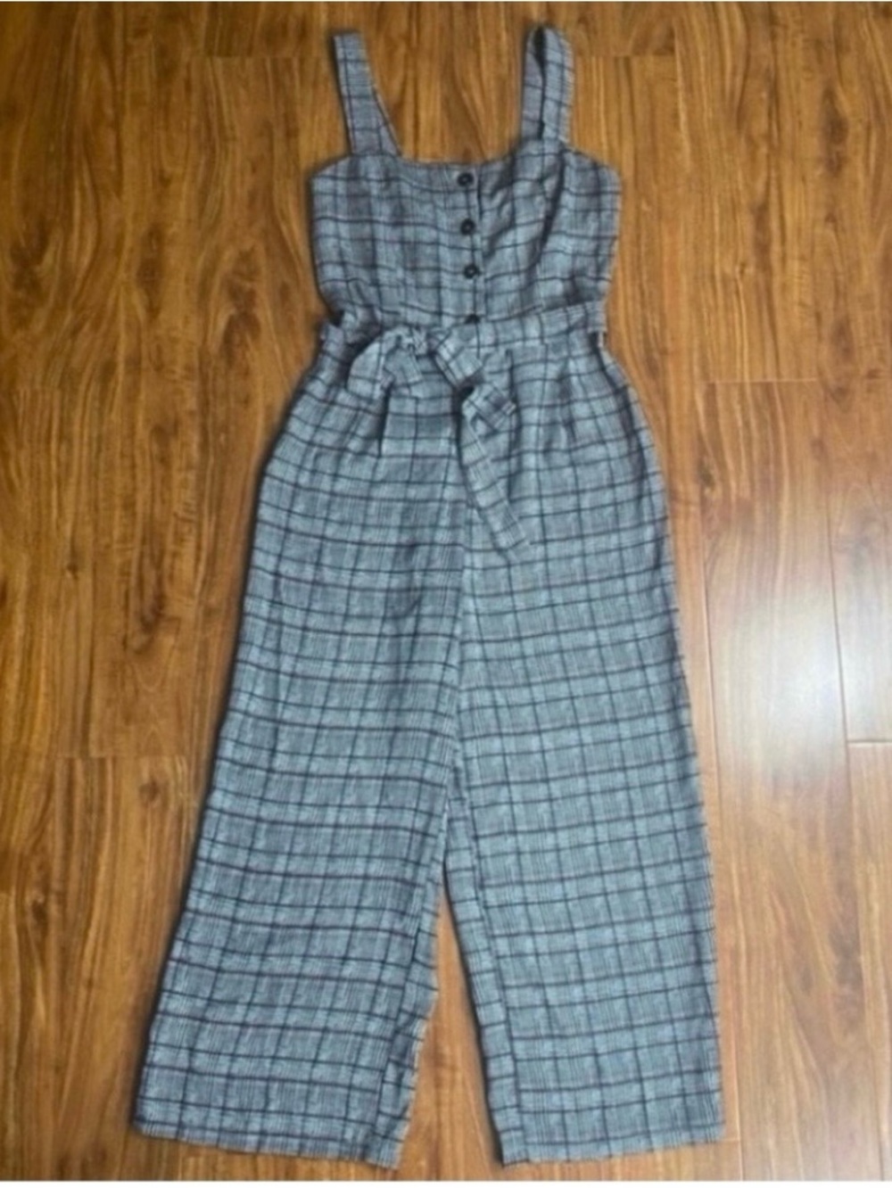 NWT New Candie's Gray Plaid Belted Crop Wide Leg Jumpsuit XS Academia Classic